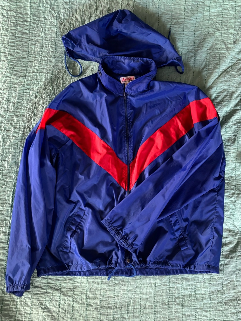 Vintage Austad’s XL Blue Windbreaker Jacket with Red Chevron Accent